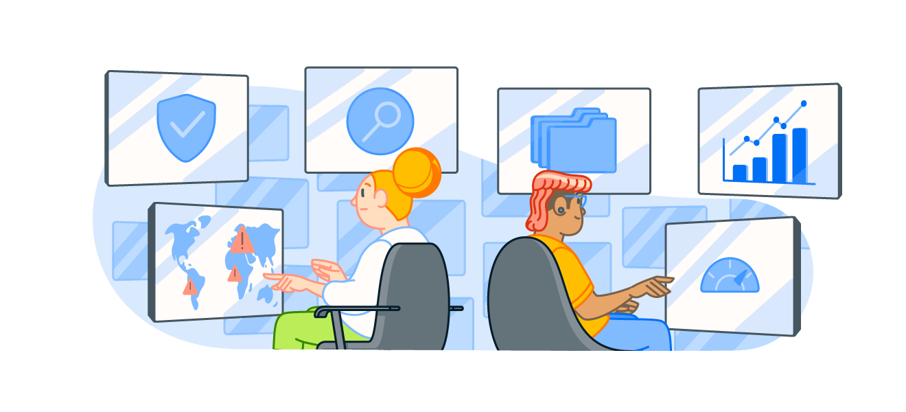 A Security Operations Center represented by two workers monitoring multiple screens.