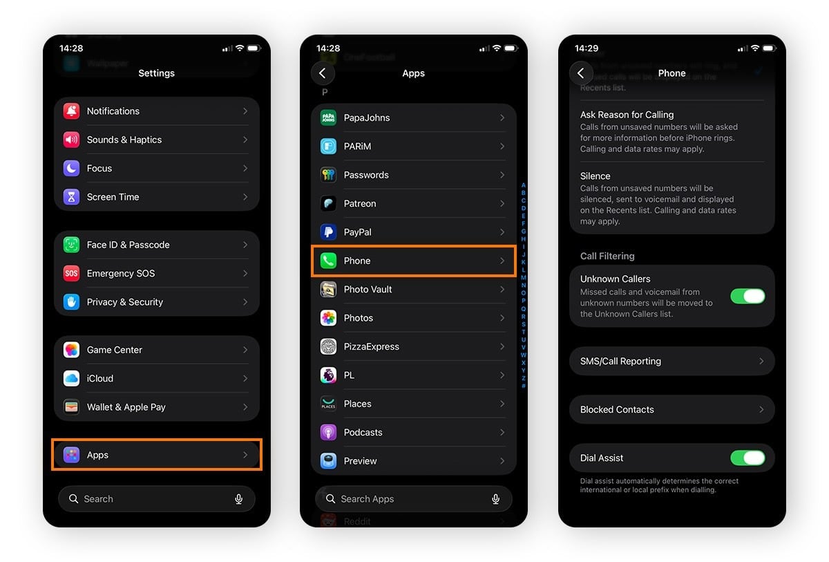 Scrolling down to the Apps section on iPhone Settings.