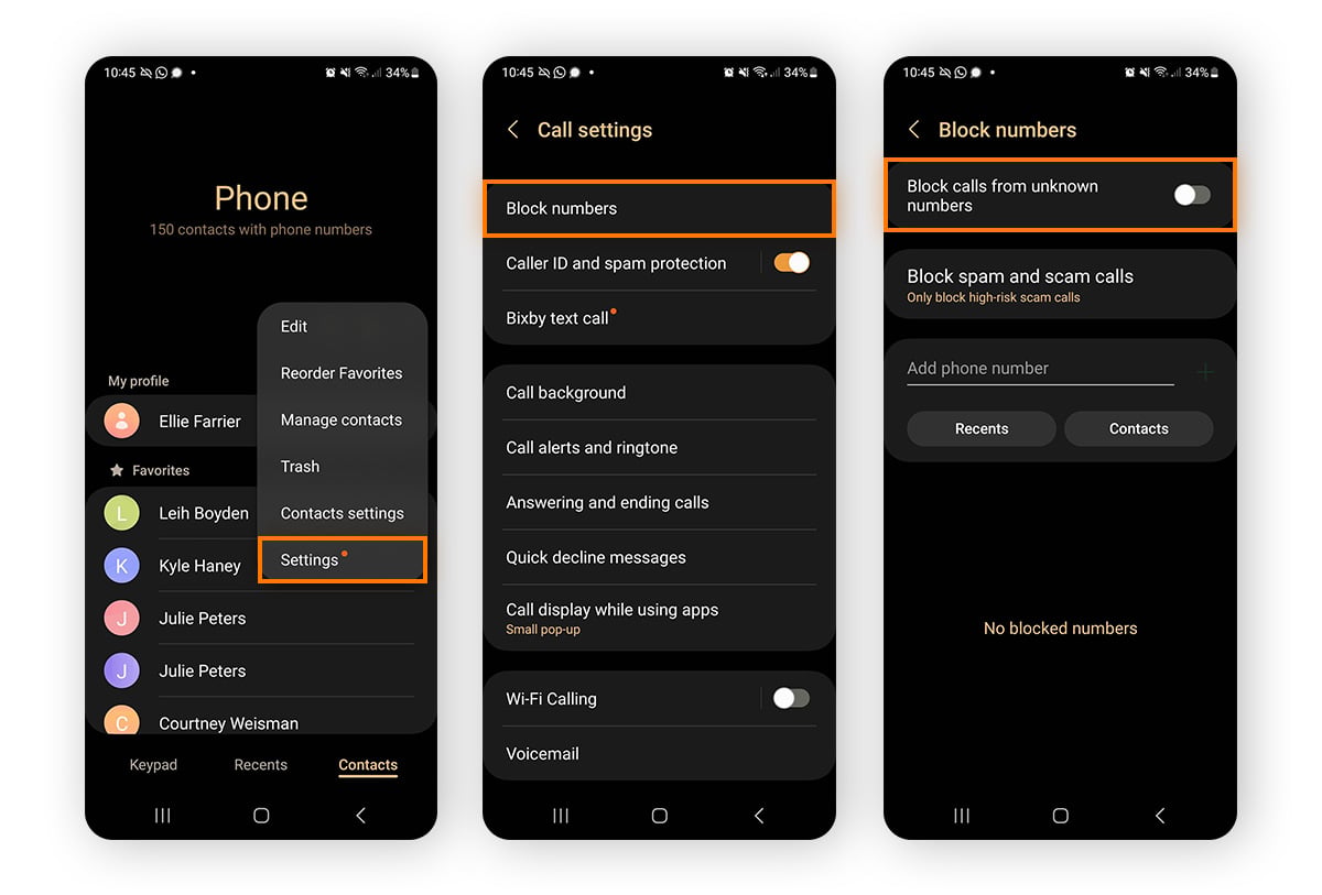 Navigating to Call settings and the block calls from unknown numbers toggle on an Android in Dark Mode.