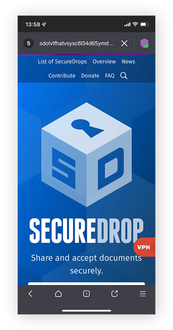 El sitio de intercambio de archivos SecureDrop al que solo se puede acceder en la web oscura con un navegador web oscuro como Tor.