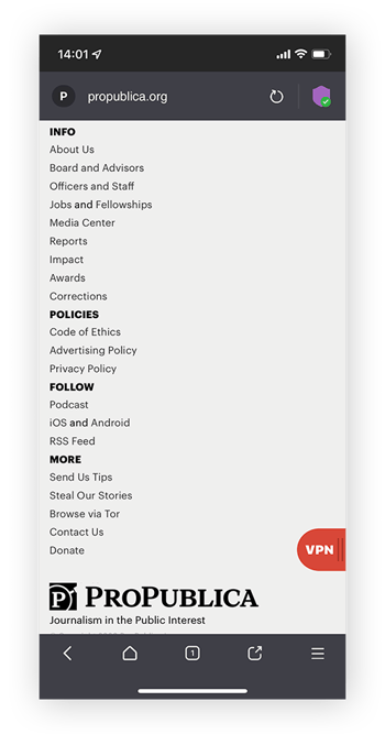 Acceder a ProPublica de forma anónima a través de la web oscura utilizando el navegador Tor.