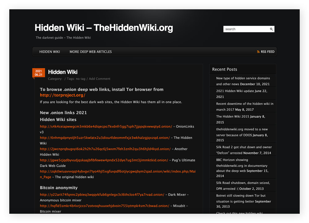 The homepage of dark web website Hidden Wiki.