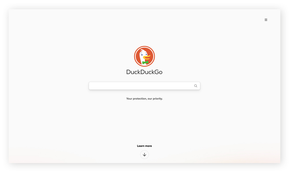 Homepage of the dark web search engine DuckDuckGo.