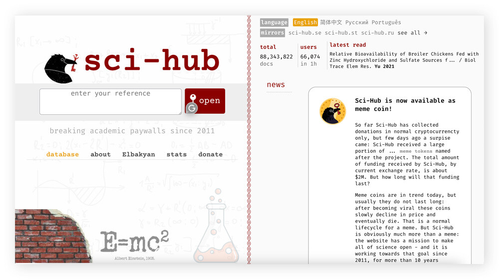 Homepage of the darkweb website sci-hub.