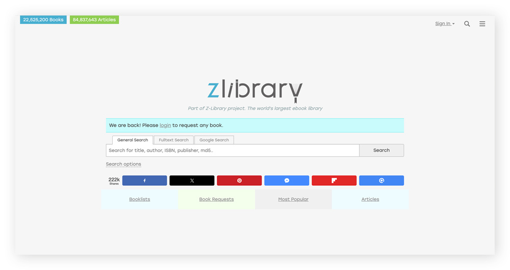 Homepage of the dark web website ZLibrary.