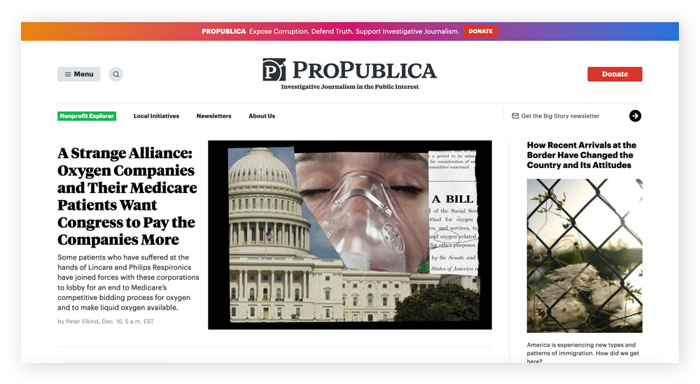 Homepage of the dark web website ProPublica.