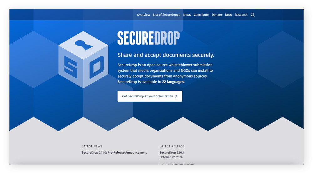 Homepage of dark web website SecureDrop.