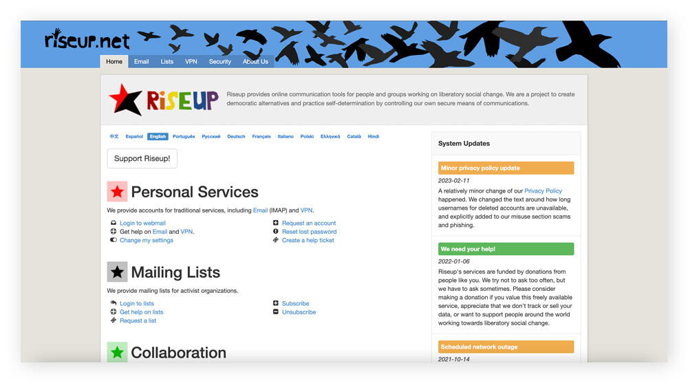 Homepage of the dark web website RiseUp.