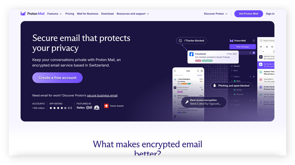 Homepage of dark web website ProntonMail.