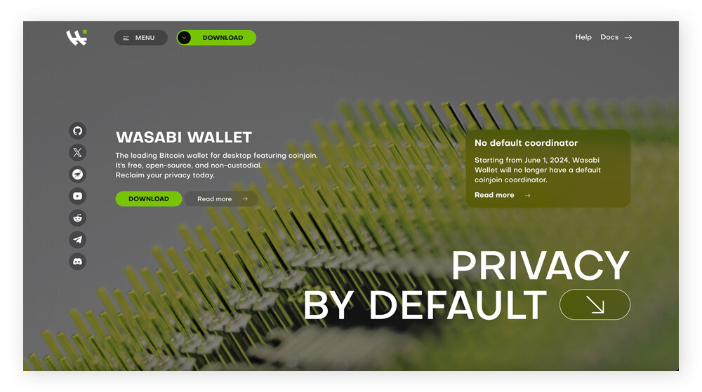 Homepage of dark web website Wasabi Wallet.