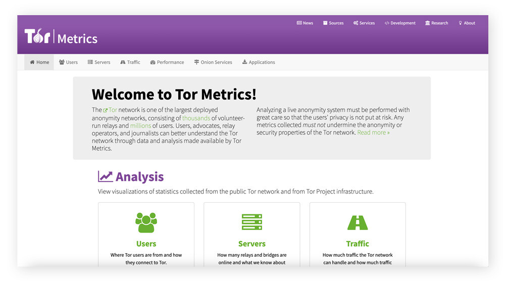 Homepage of the dark web website Tor Metrics.