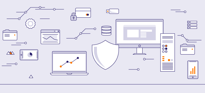 Illustration of computers, related applications, and hardware to represent operational security.