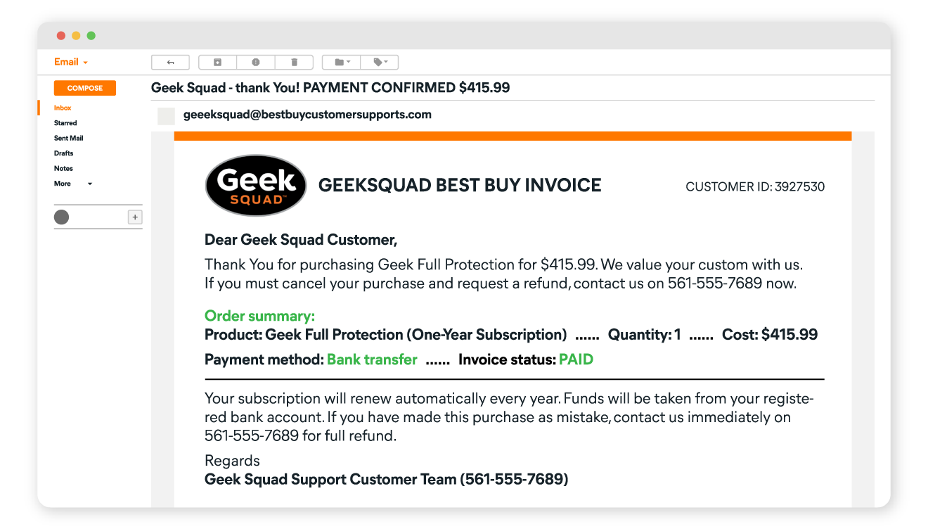A screenshot example of a fake Geek Squad billing scam email.