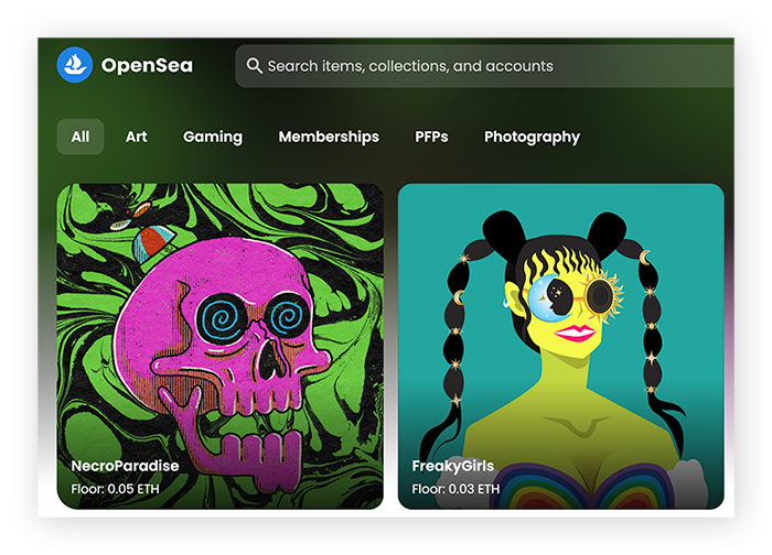 La página de inicio de OpenSea con una presentación rotativa de NFT en venta.