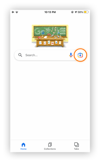 A view of the Google app in iPhone, with the camera icon circled (the icon that leads you to Google Lens).