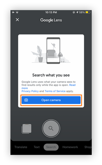 A view of Google Lens trying to access the camera with "Open Camera" button circled.