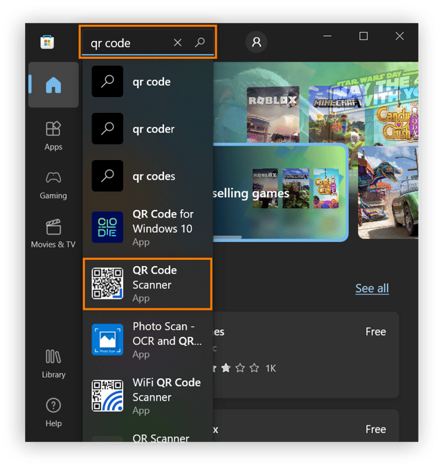 User has typed in "qr code" and the QR code scanner app is circled in the results