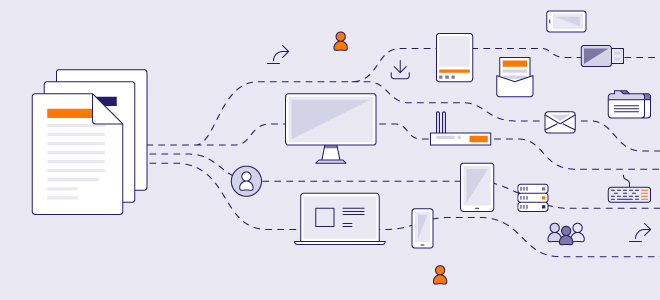Illustration of a business continuity plan document with connecting lines to various technologies and processes.