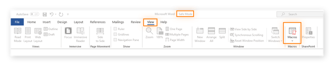Viewing Macros in Safe MOde in Microsoft Office to remove a macro virus.
