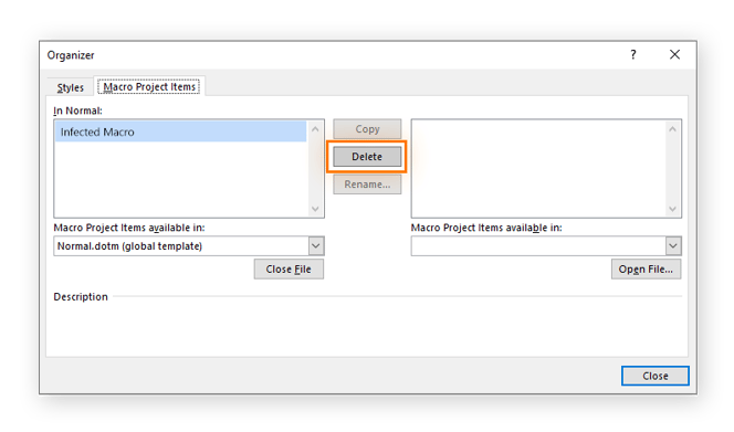 Deleting macros in Microsoft Word to remove a macro virus.