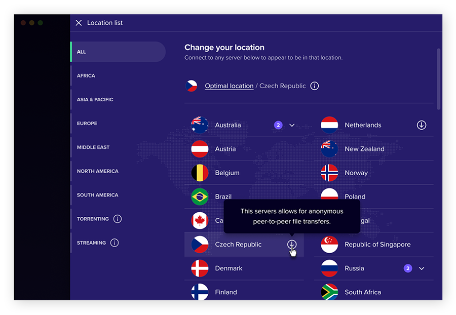 L’emplacement des serveurs VPN Avast SecureLine permet les transferts de fichiers P2P.
