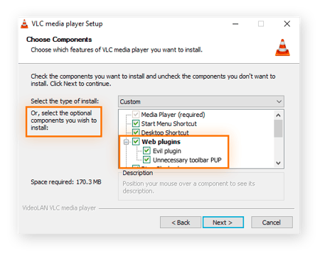 VLC Media Player mit einer Liste der Installationskomponenten.
