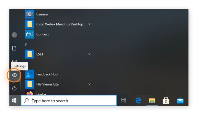 Windows-Startmenü, in dem „Einstellungen“ ausgewählt ist.