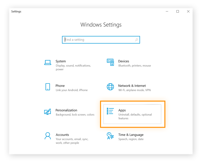 Windows-Einstellungsmenü, in dem „Apps“ ausgewählt ist.