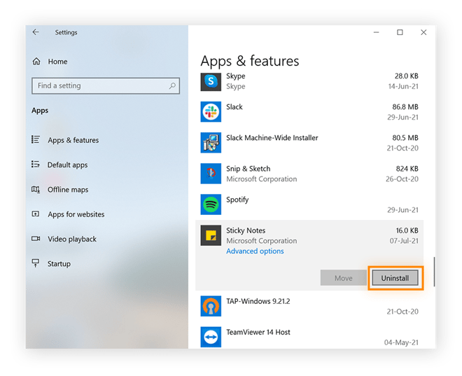 Menü „Apps und Features“ mit einer ausgewählten App und der hervorgehobenen Schaltfläche „Deinstallieren“.