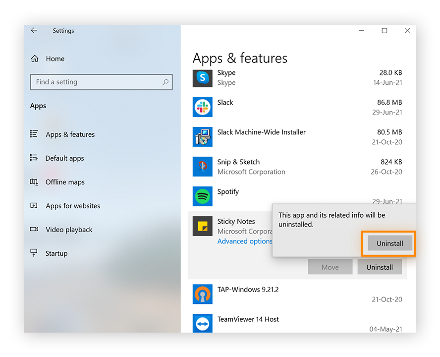 Menü „Apps und Features“ mit hervorgehobener Schaltfläche „Deinstallieren“ im Bestätigungsfenster.