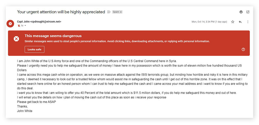  An example of the classic Nigerian Price scam email.
