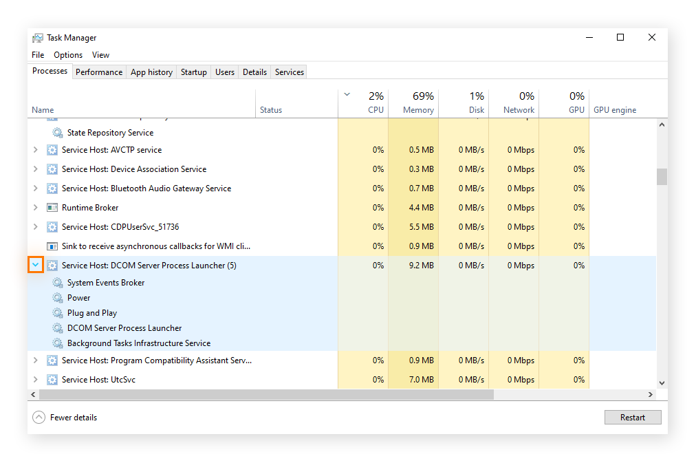 Clicking the arrow to the left of "Service Host: DCOM Server Process Launcher" in Windows Task Manager.