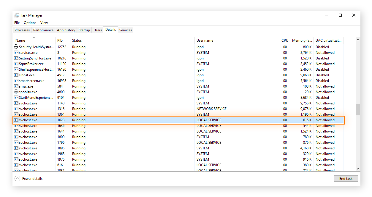 Consultation de l’onglet Détails d’un processus svchost.exe dans le Gestionnaire des tâches de Windows 10.
