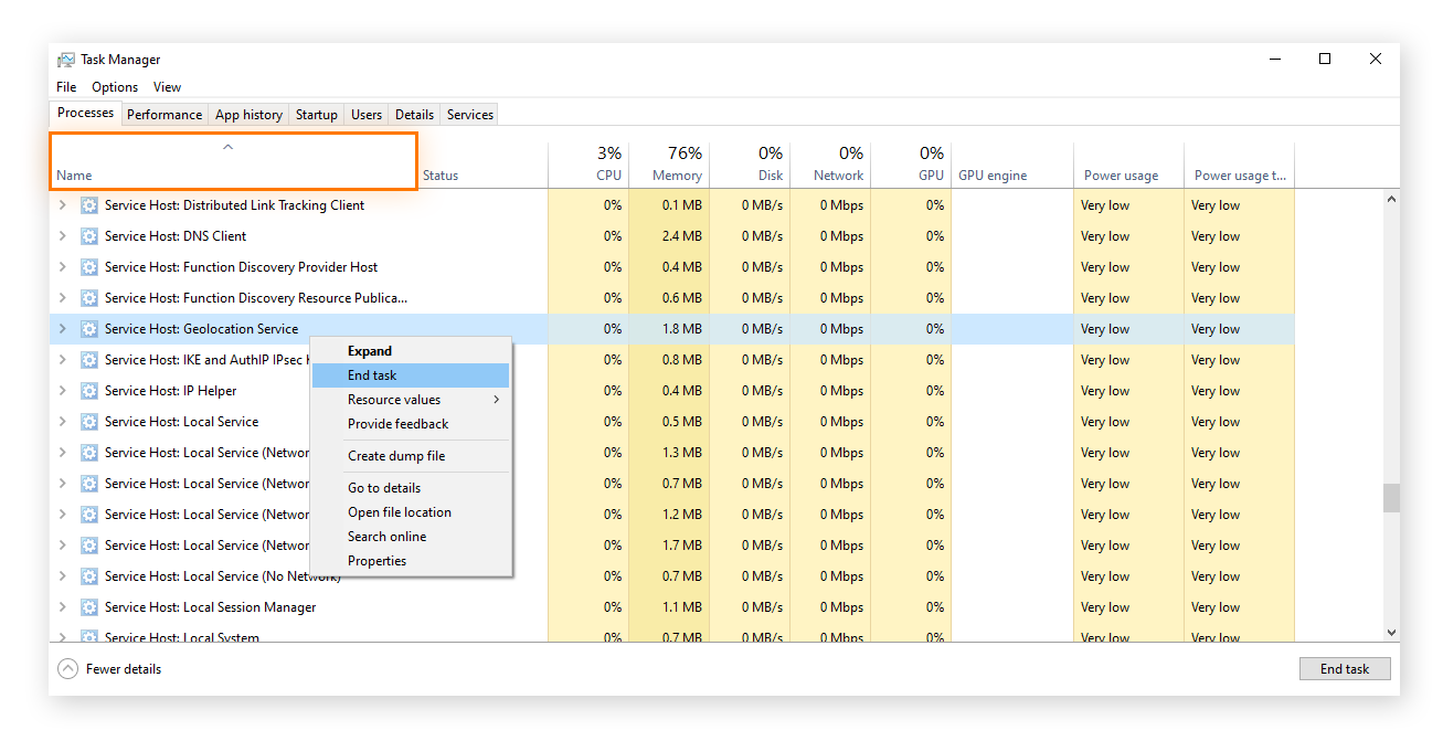 Arrêt de la tâche « Hôte de service : Service de géolocalisation » dans le Gestionnaire des tâches de Windows 10.