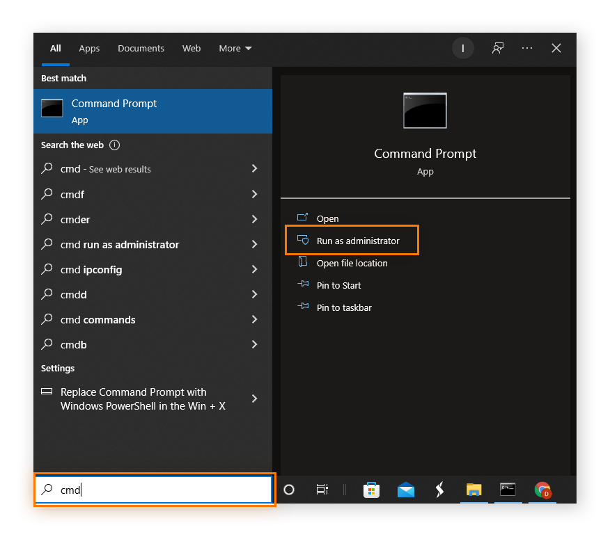 Searching for "cmd" and highlighting "Run as administrator" under the Command Prompt App.