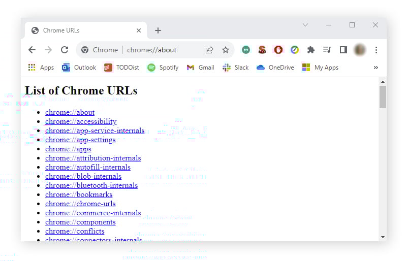 Un ejemplo de la página web about:about que muestra una lista de URL de Chrome