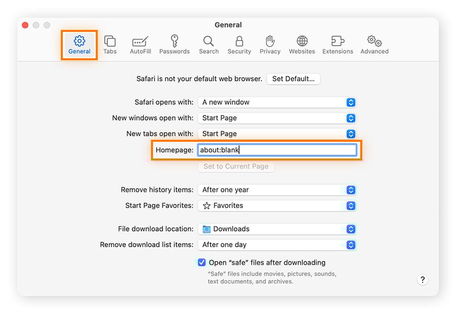 Establezca about:blank como página de inicio en Safari.