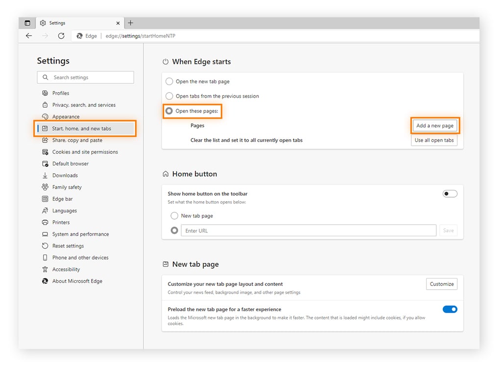 Añada una nueva página de inicio al navegador Edge.