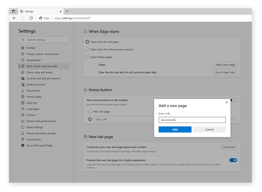 Añada about:blank como página de inicio en Edge.