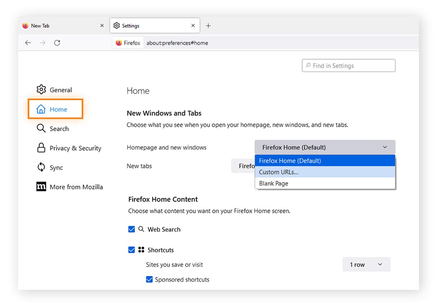 Añada una URL personalizada como página de inicio en Firefox.