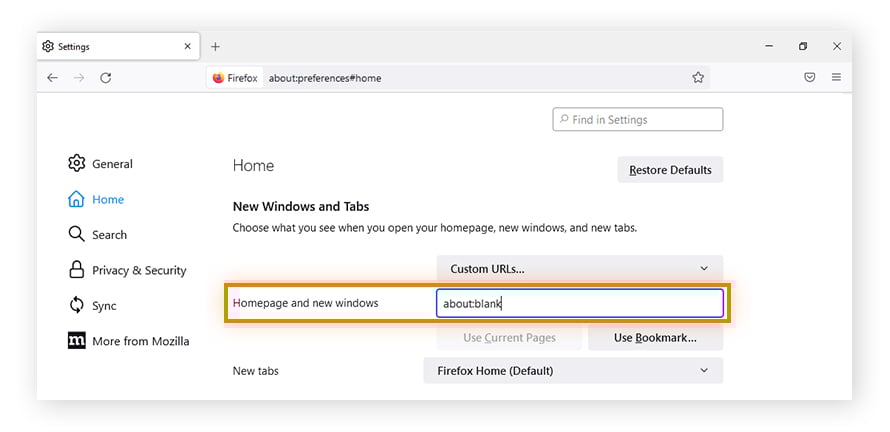 Setting about:blank as a homepage in Firefox.