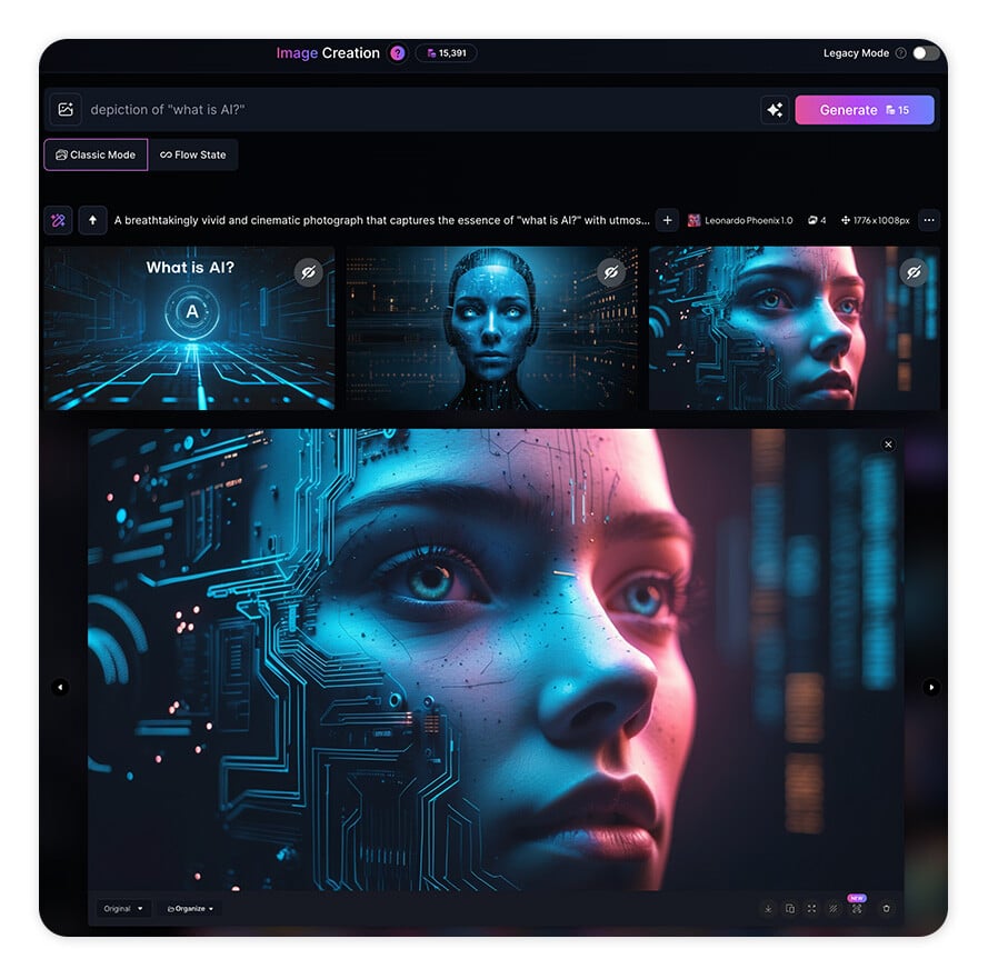 An example of an AI for image creation (Leonardo) can create with the prompt, "What is AI?"