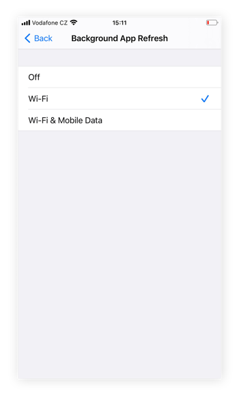 Choisissez le paramètre d’actualisation des applications en arrière-plan qui vous convient le mieux : Désactivé, Wi-Fi ou Wi-Fi et données cellulaires.