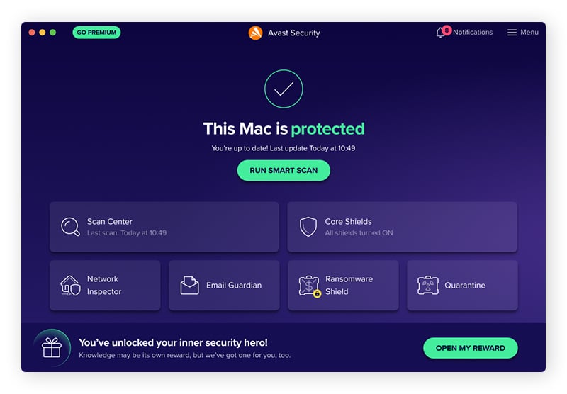 Interfaz de usuario del software de ciberseguridad Avast Free Antivirus