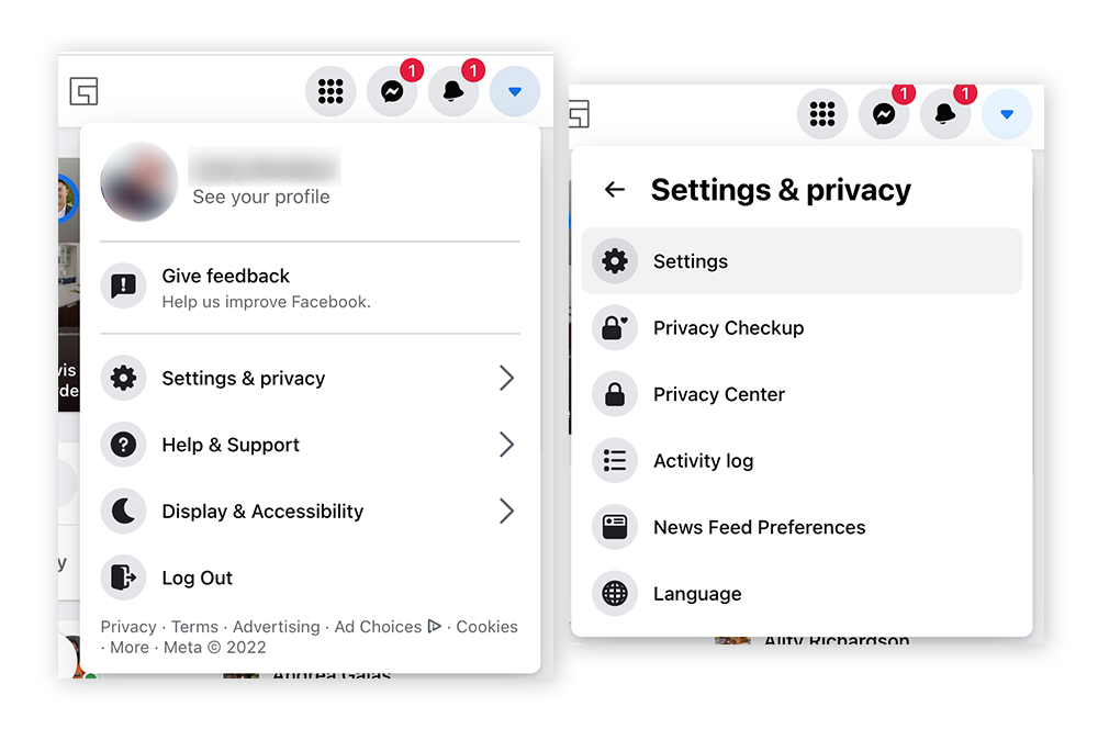 Bloquer une personne sur Facebook via l’option Paramètres et confidentialité.