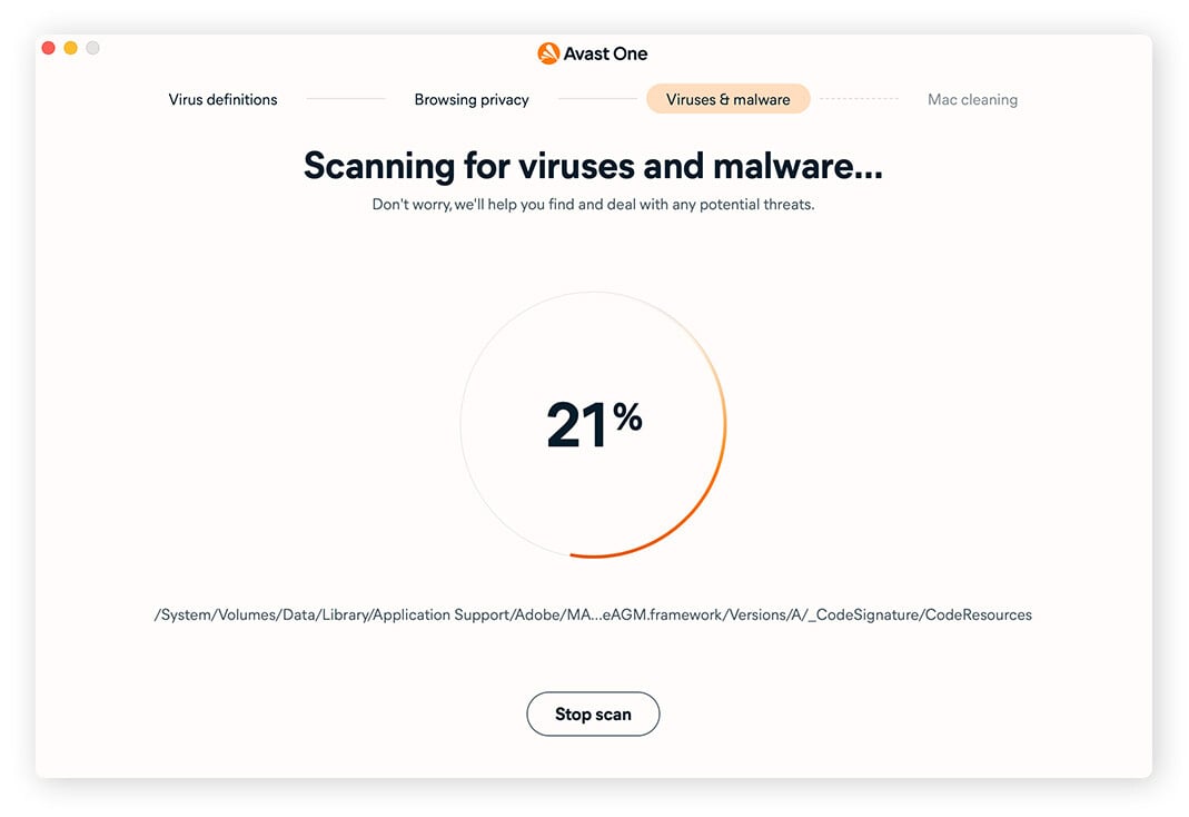 A laptop running an Avast One virus and malware scan.