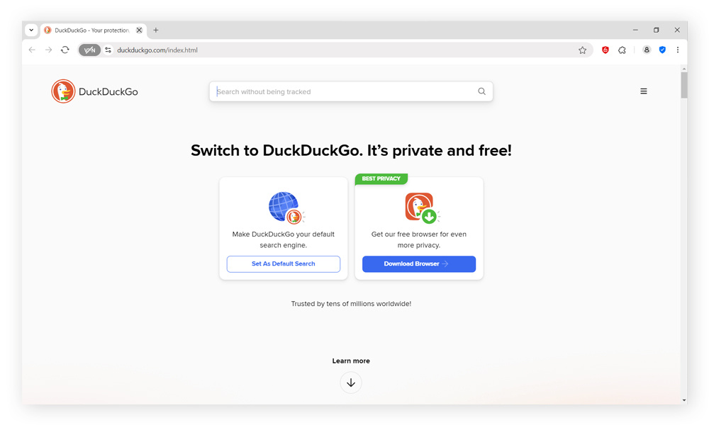 Screenshot of the DuckDuckGo homepage.