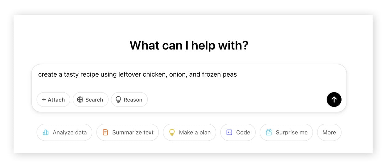 The ChatGPT prompt box with a prompt inside that reads: create a tasty recipe using leftover chicken, onion, and frozen peas