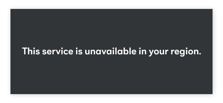 Screenshot of the message "service is unavailable in your region" as the website is geo-blocked.