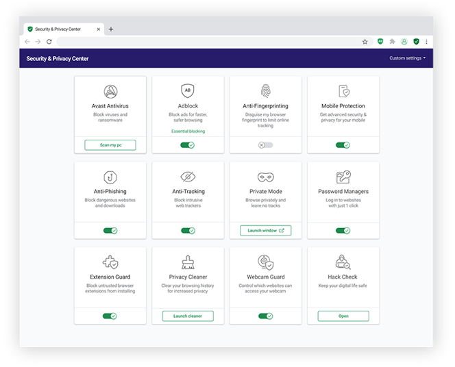Le Centre de sécurité et de confidentialité d’Avast Secure Browser propose de nombreuses fonctionnalités de protection de la vie privée, par exemple le mode Fantôme, l’Anti-Pistage et l’Anti-empreinte.